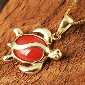 14K Yellow Gold Honu (Hawaiian Turtle) Red Coral Inlaid Pendant (Chain Sold Separately)