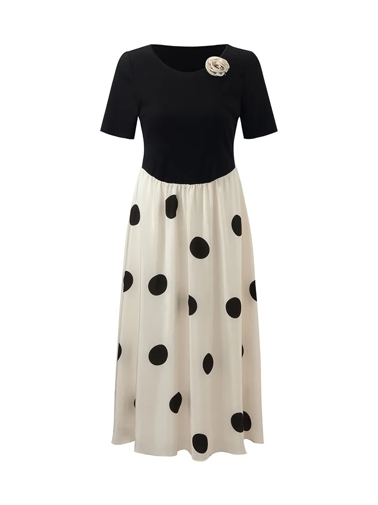 16 Momme Mulberry Silk Polka Dots Printed Patchwork Women Midi Dress With Scrunchie And 3D Rose Clip