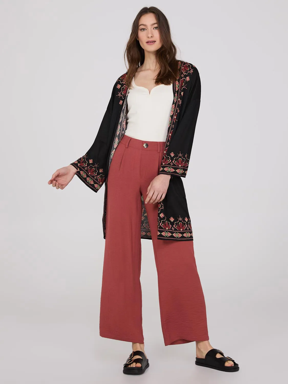 3/4 Sleeve Textured Kimono With Ikat Border Print