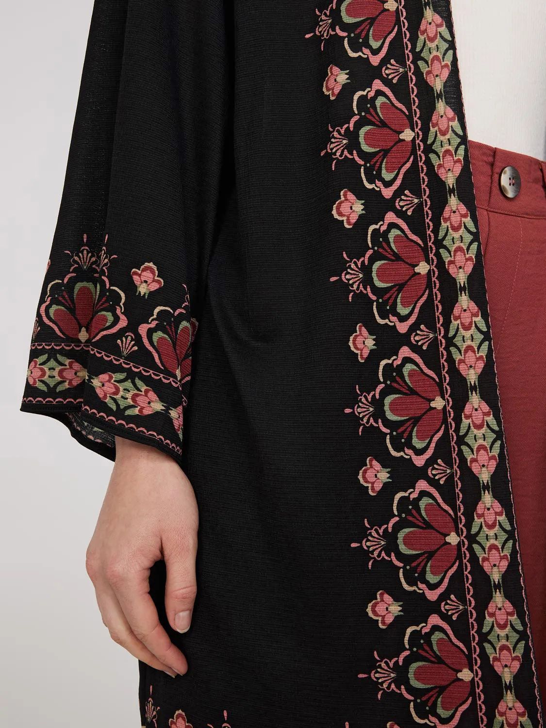 3/4 Sleeve Textured Kimono With Ikat Border Print