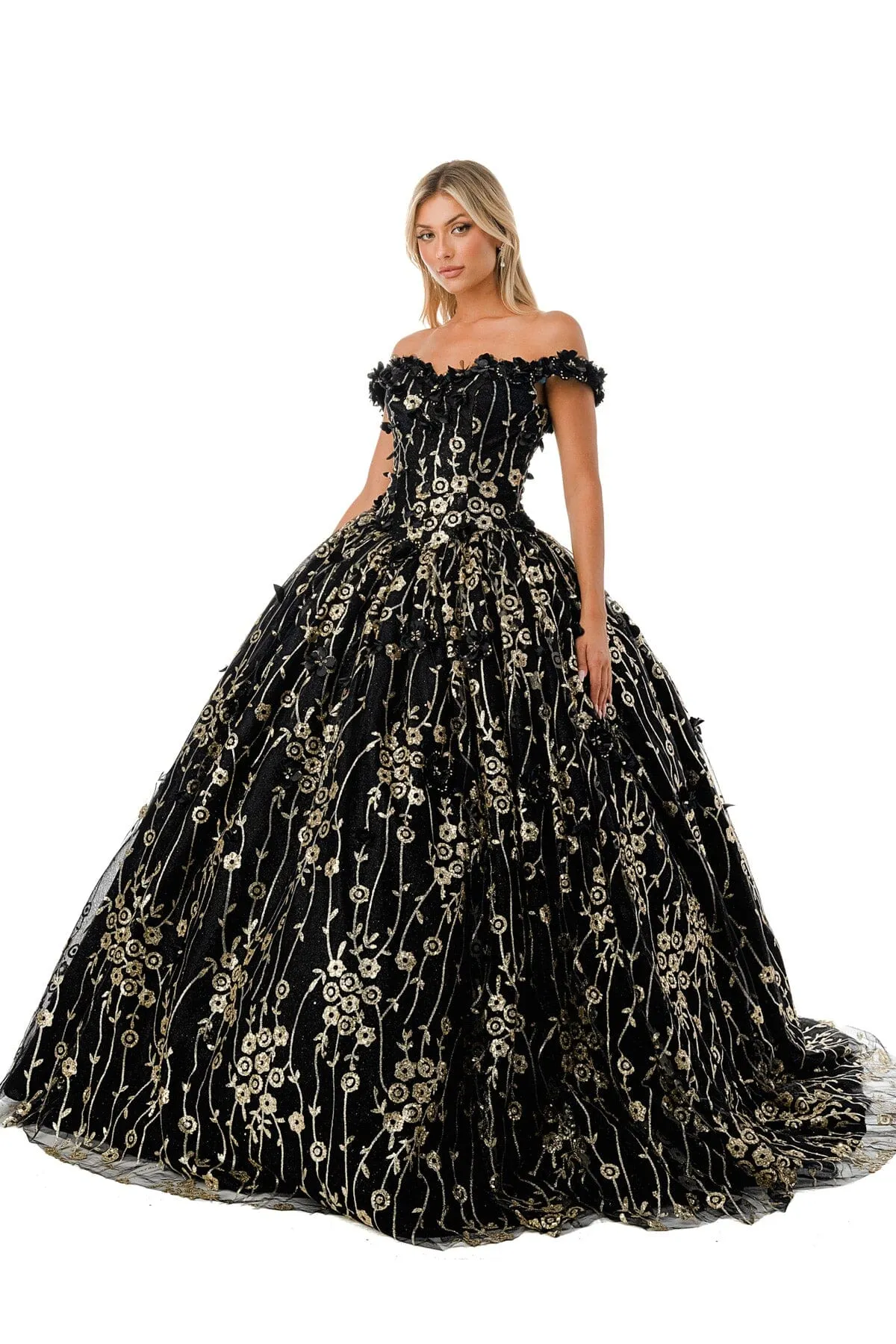 3D Floral Off Shoulder Glitter Ball Gown by Coya L2766A