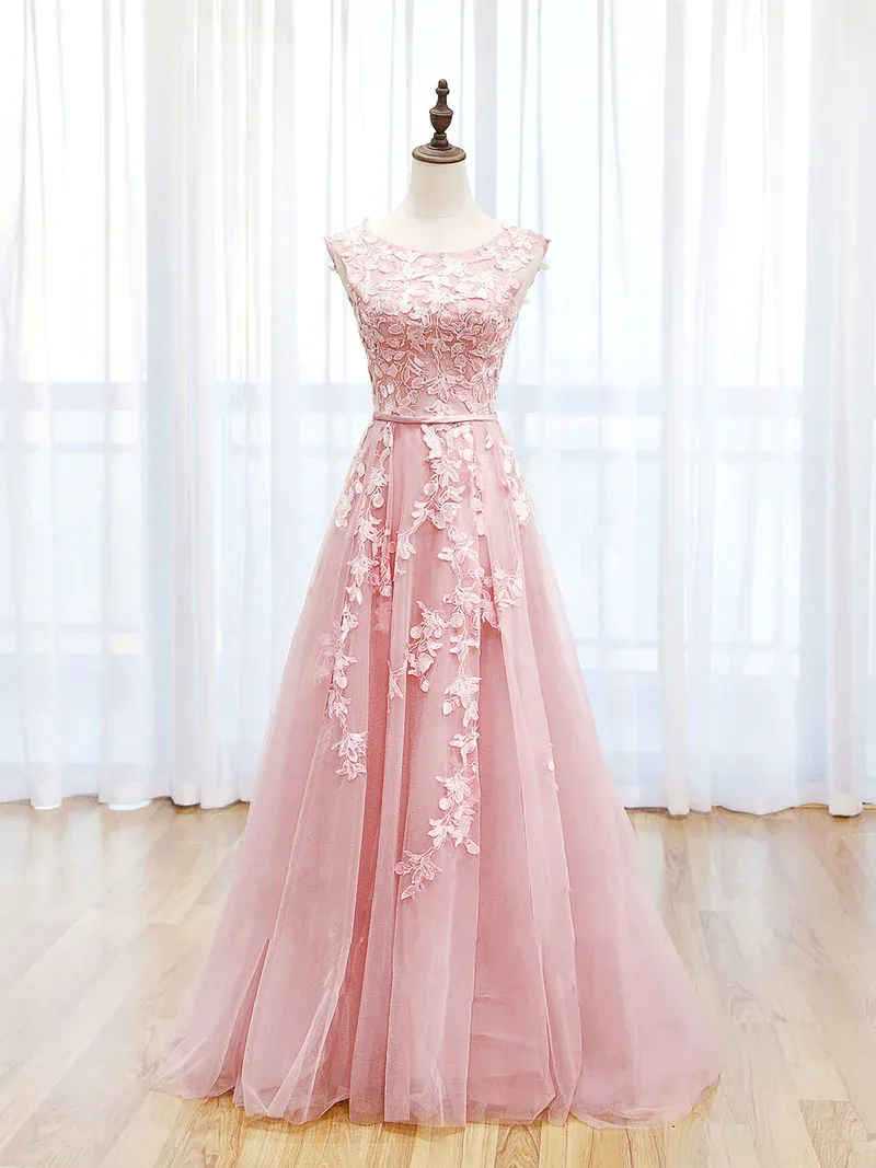 A-LINE LACE PINK LONG PROM DRESS, PINK LACE LONG FORMAL DRESS PARTY DRESS     S1359