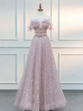 A-Line Off Shoulder Tulle Lace Pink Long Prom Dress Quinceanera Dress