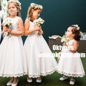 A-Line Round Neck White Satin Flower Girl Dress with Lace, TYP0906