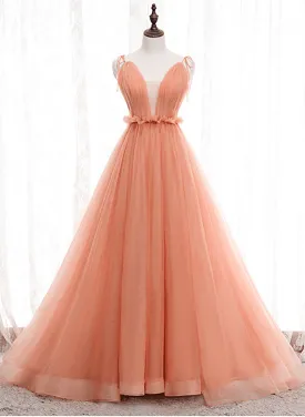 A-line Tulle Straps Low Back Long Wedding Party Dress, Pink Tulle Long Prom Dress