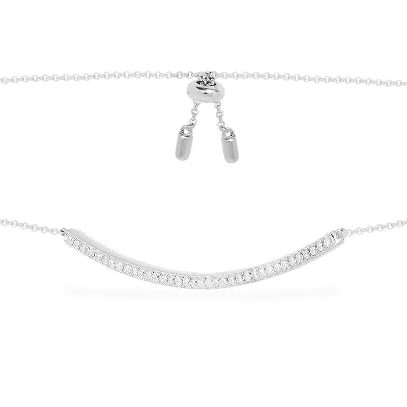 Adjustable Necklace with Paved Arched Pendant - White Silver