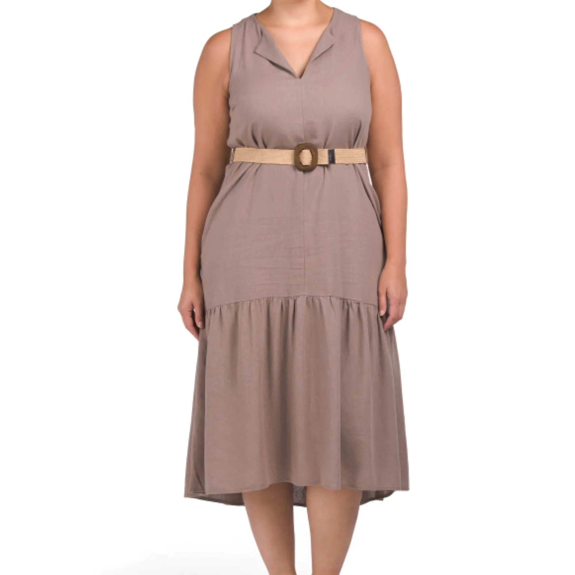 Adyson Parker Linen Belted Split Neck Tiered Midi Dress