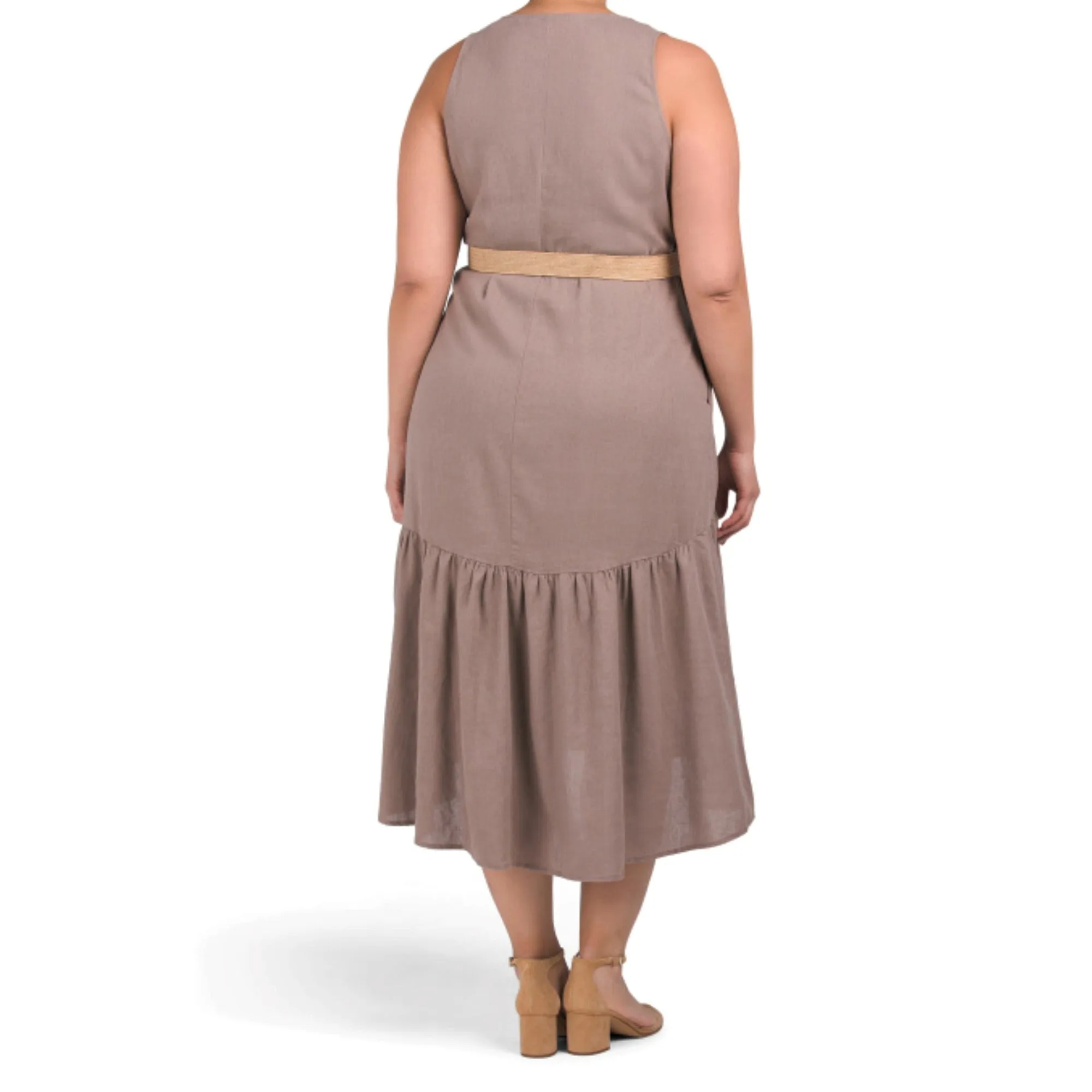 Adyson Parker Linen Belted Split Neck Tiered Midi Dress