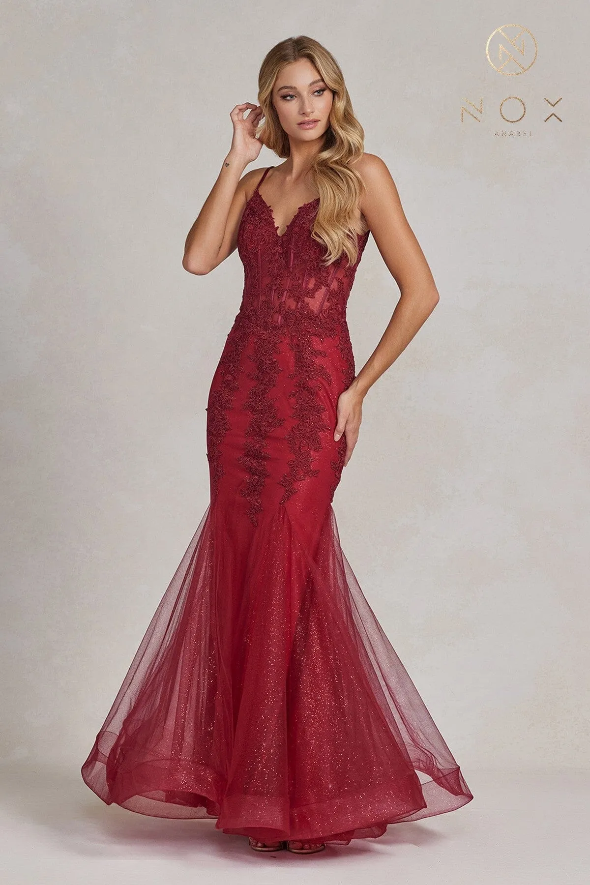 Applique V-Neck Mermaid Gown by Nox Anabel P1170