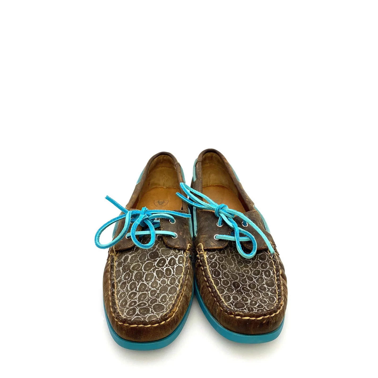 Ariat Womens Size 8.5B Palisade Distressed Brown Aqua Moccasins Boat Shoes