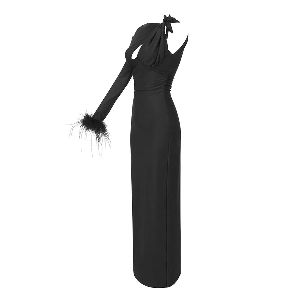 Asymmetric Feather Trim Long Sleeve Ruched Cutout Maxi Evening Dress