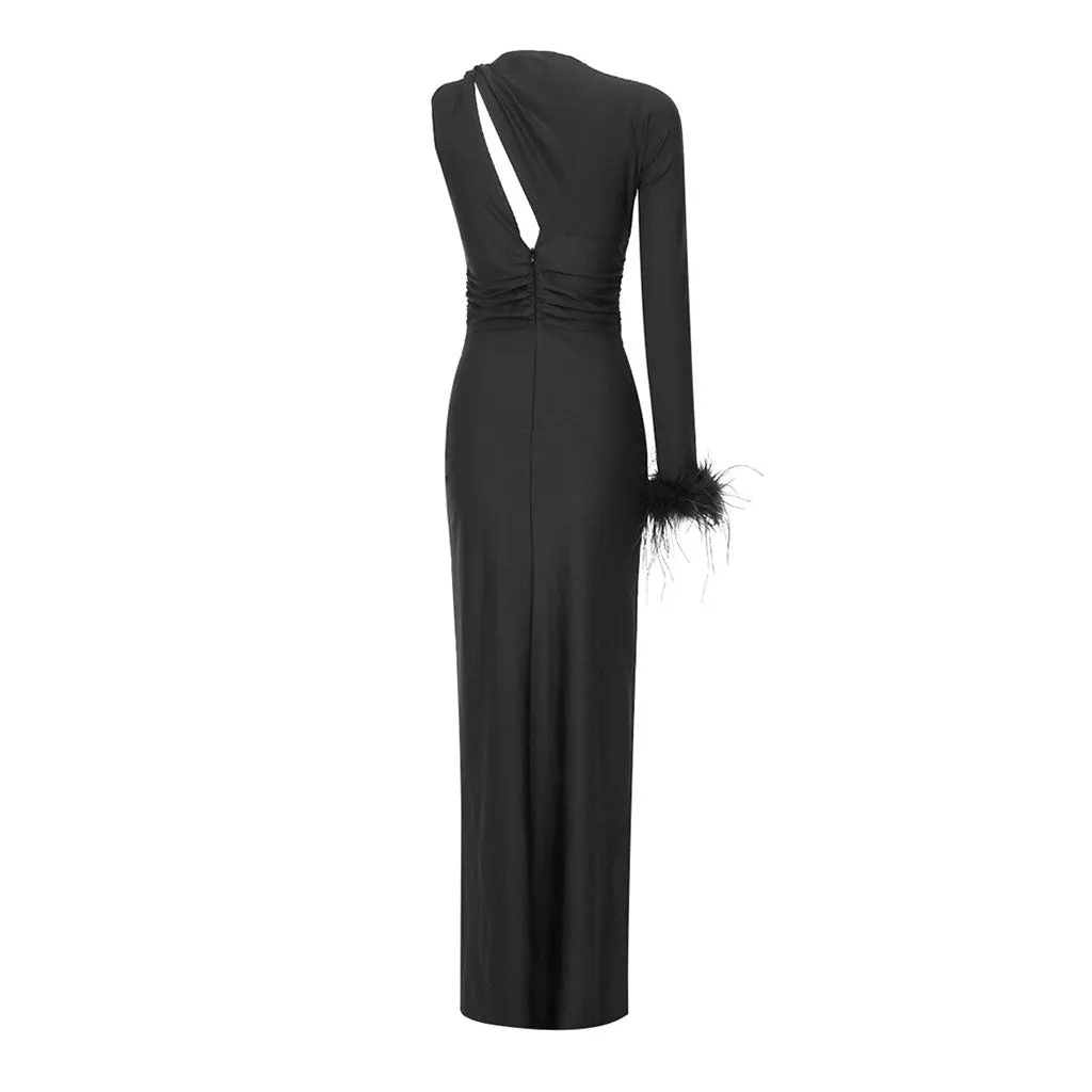 Asymmetric Feather Trim Long Sleeve Ruched Cutout Maxi Evening Dress