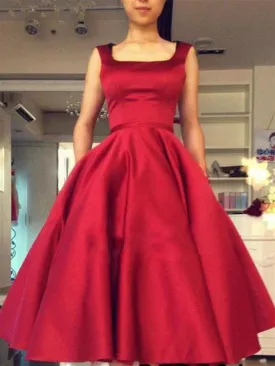 Ball Gown Square Neckline Red Short Satin Backless Prom Dresses, Red Short Backless Homecoming Dresses