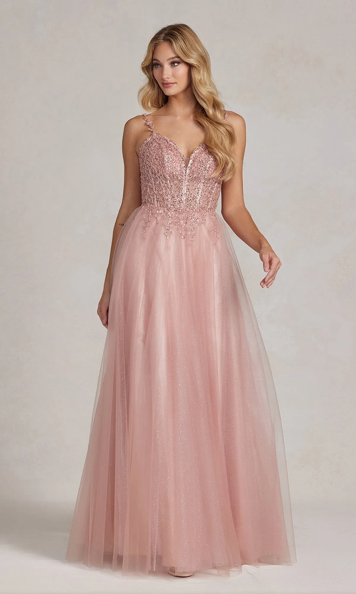 Beaded-Bodice Rose Gold Long Prom Ball Gown