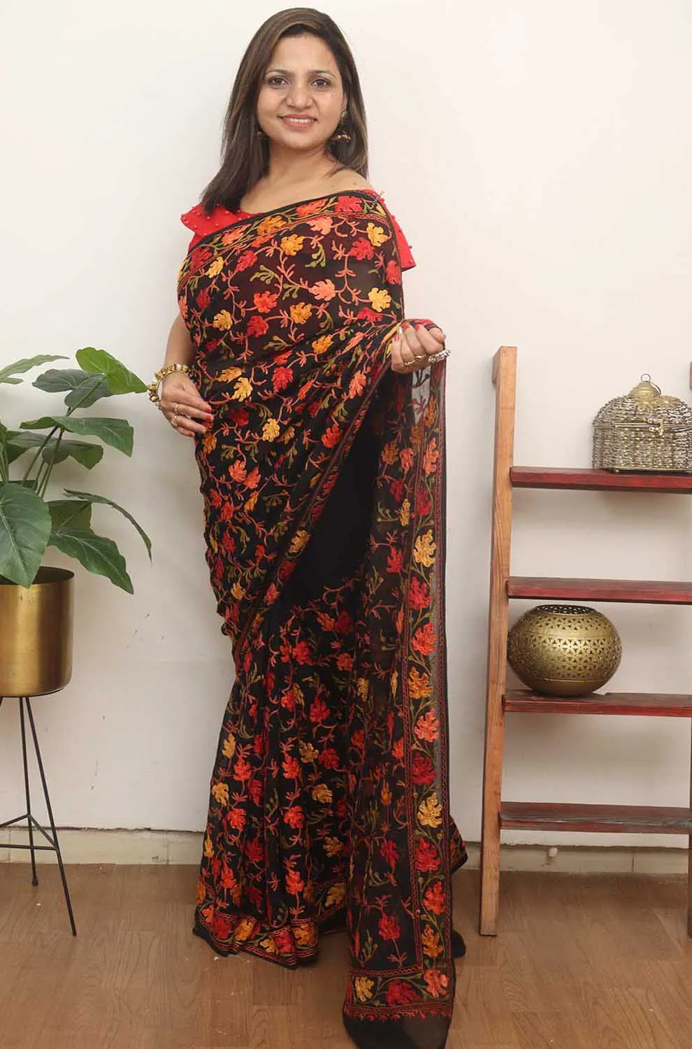 Black Embroidered Kashmiri Aari Work Georgette Saree