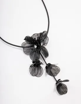 Black Flower Drop Y-Shape Necklace