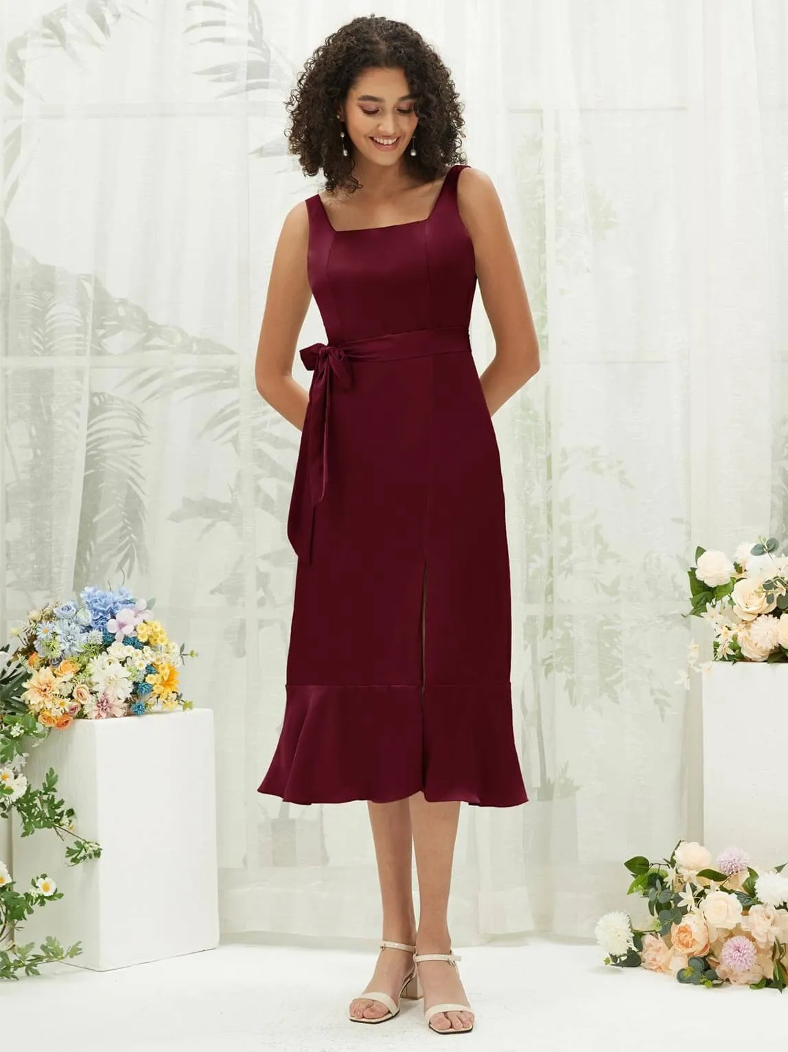 Burgundy Silk Satin Square Neck Slit Tea Length Convertible Bridesmaid Dresses