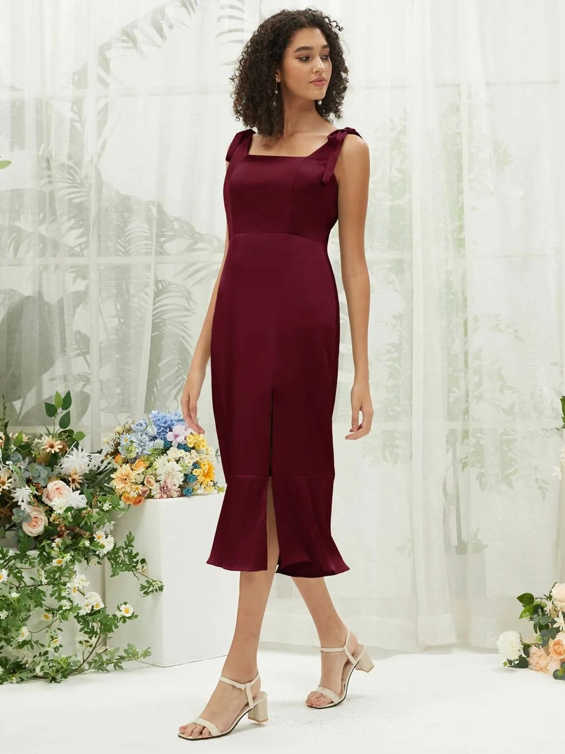 Burgundy Silk Satin Square Neck Slit Tea Length Convertible Bridesmaid Dresses