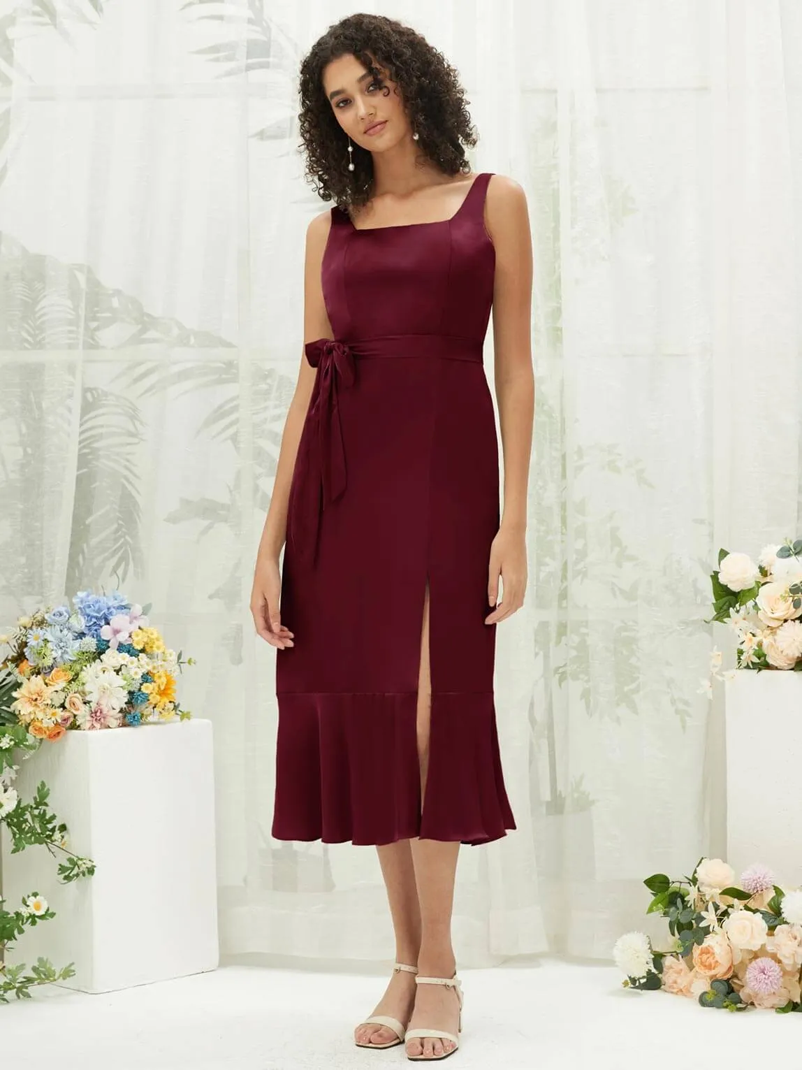 Burgundy Silk Satin Square Neck Slit Tea Length Convertible Bridesmaid Dresses