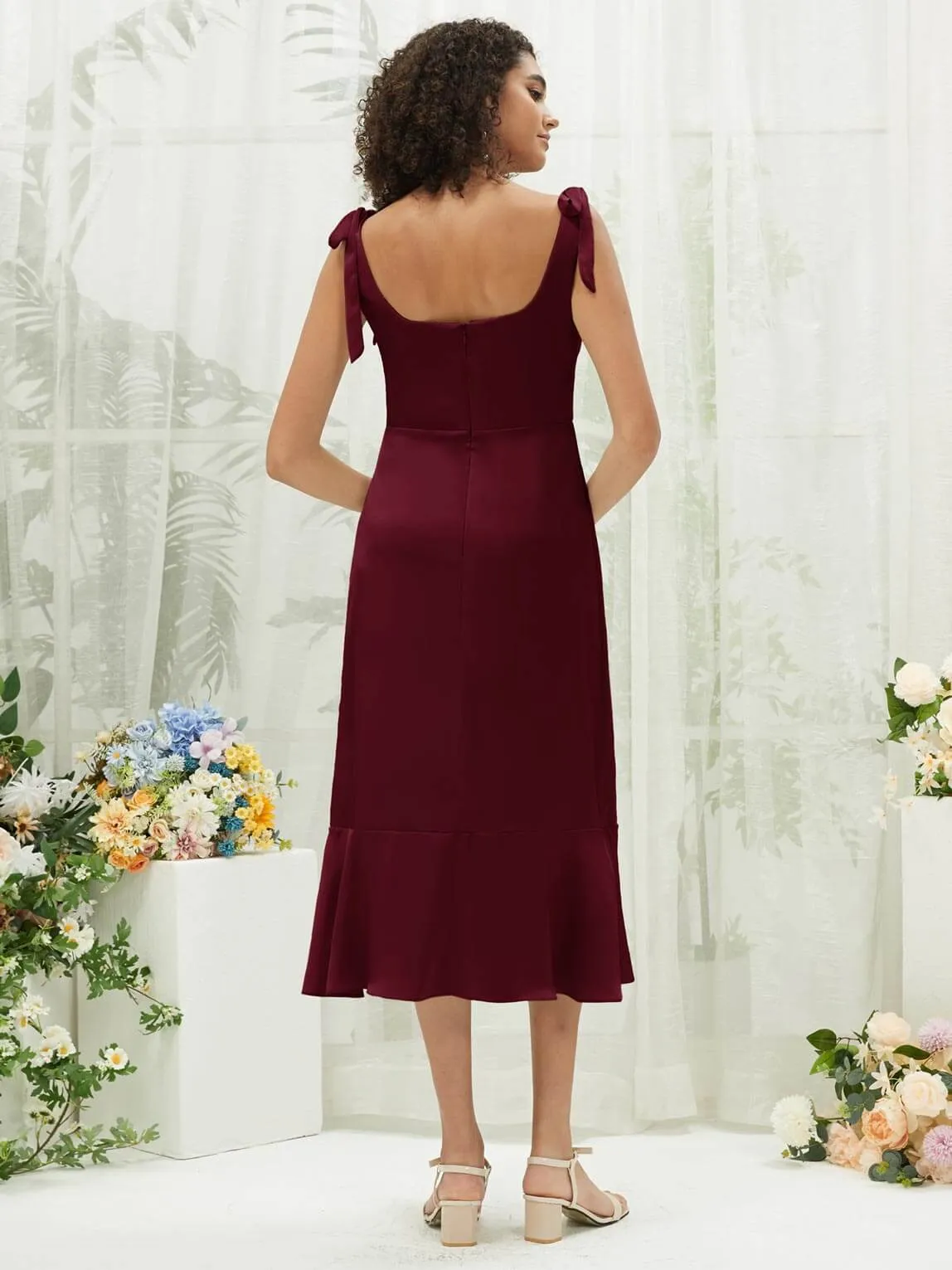 Burgundy Silk Satin Square Neck Slit Tea Length Convertible Bridesmaid Dresses