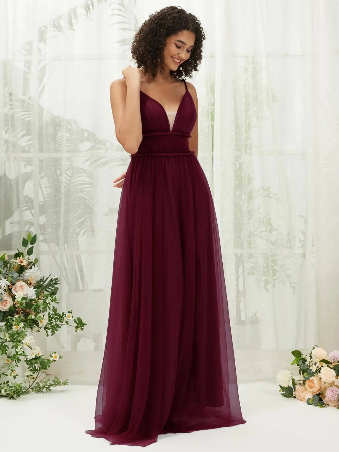 Burgundy Tulle Backless Pleated Pocket Floor Length Bridesmaid Dresses