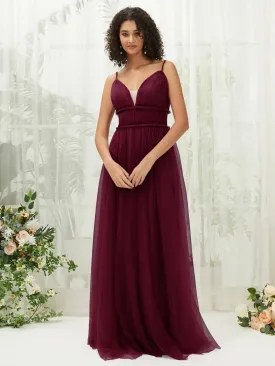 Burgundy Tulle Backless Pleated Pocket Floor Length Bridesmaid Dresses