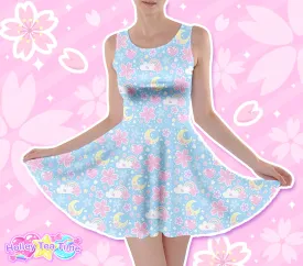 Custom-Made Blue Skater Dress with Cherry Blossom Dreams Design