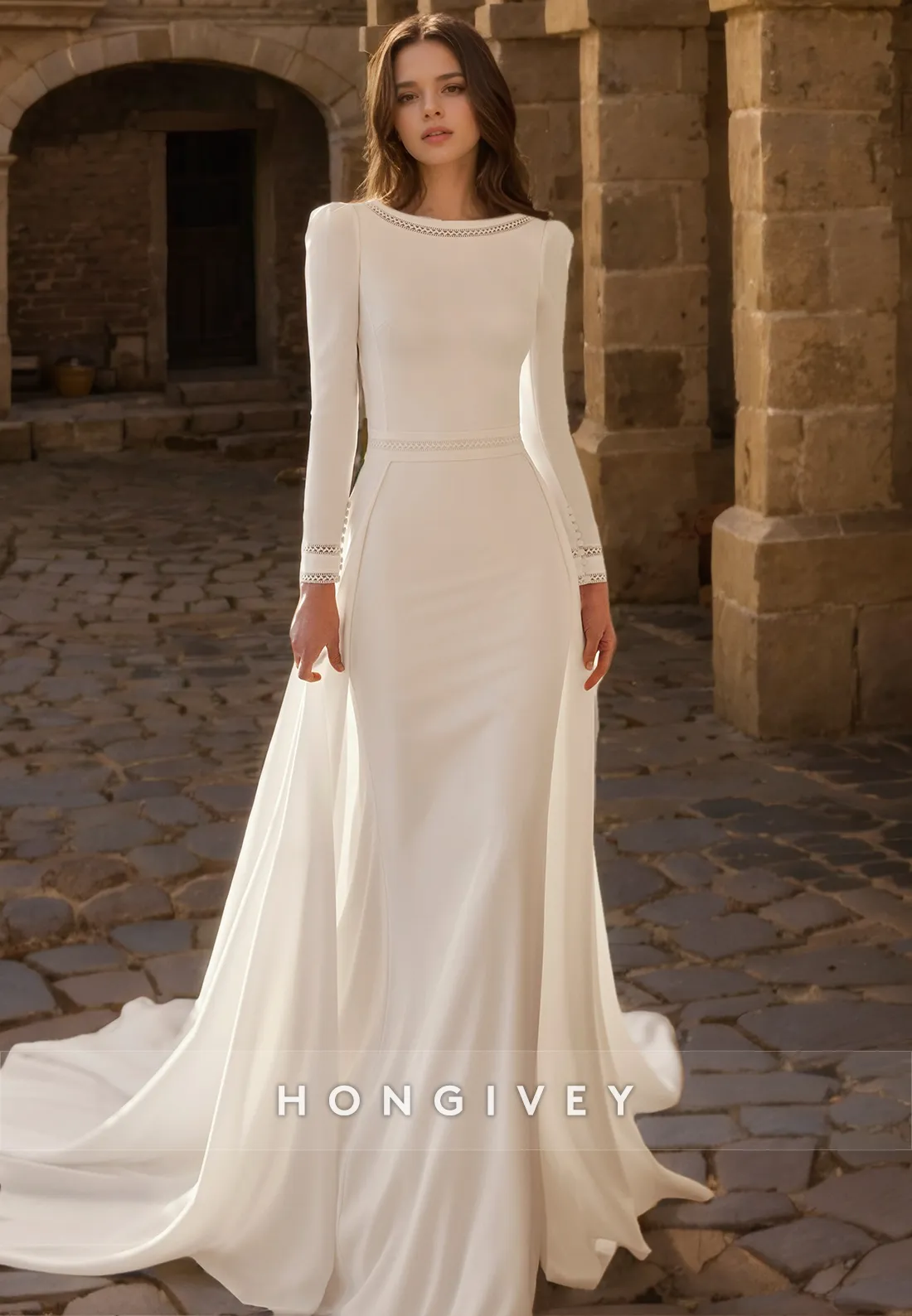 Chic Satin Fitted Round Long Sleeve Beaded With Train Wedding Dress