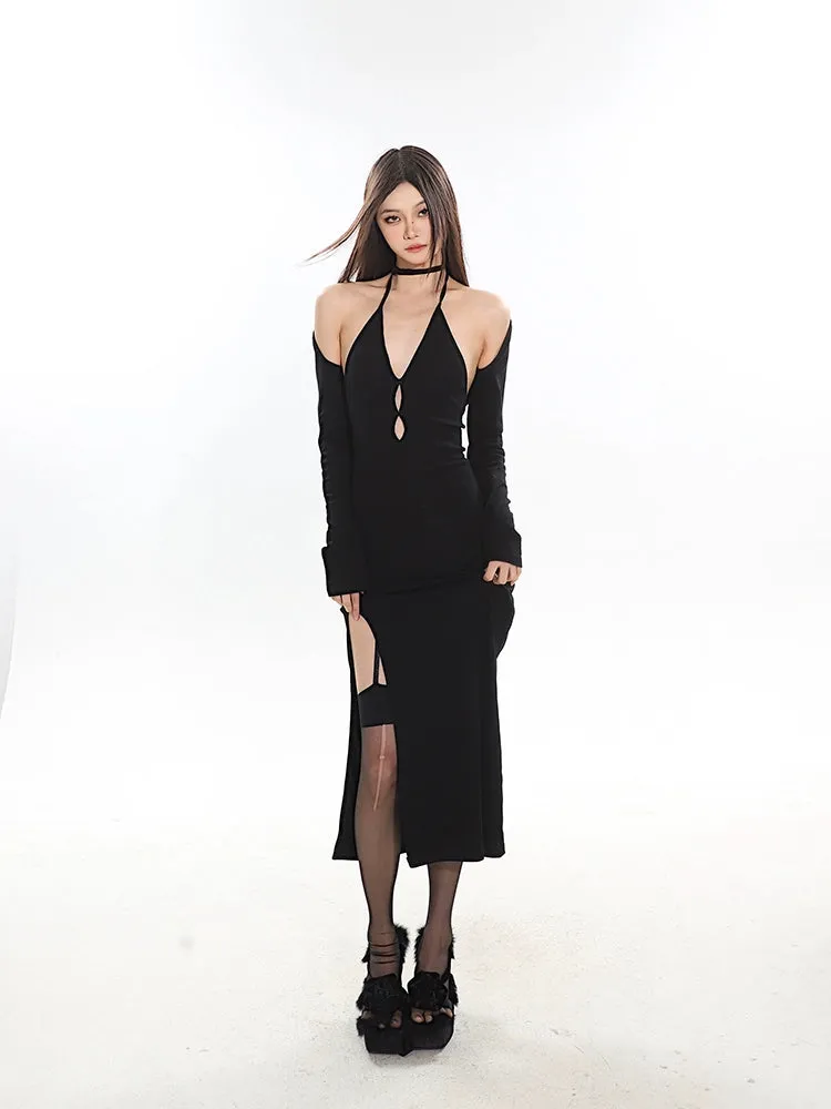 Cold Shoulder Keyhole Midi Dress with Side Slit