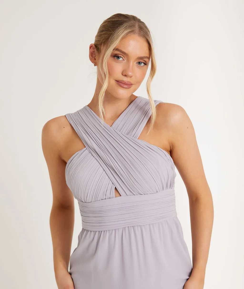 Cross Neck Pleated Waist Chiffon Bridesmaid Dress - Dusty Lilac