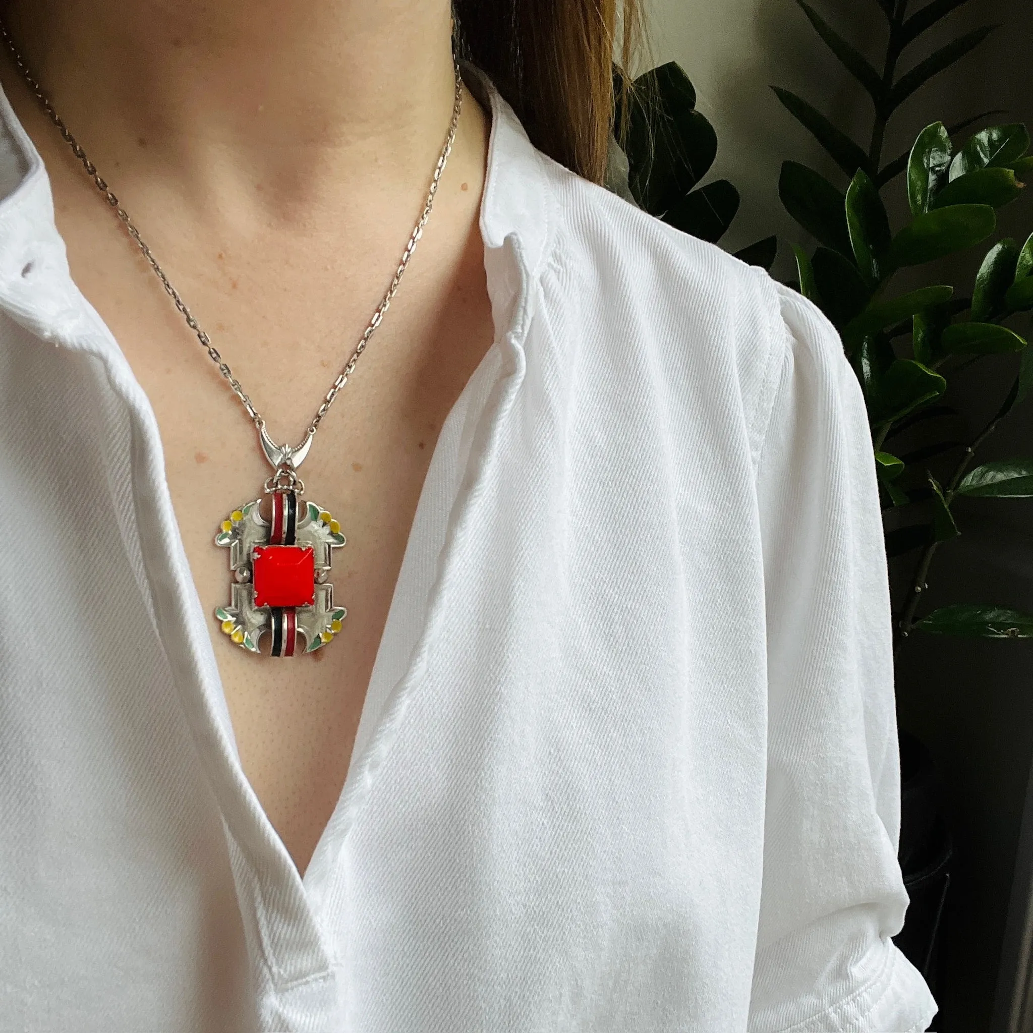 Czech Red Glass & Enamel Silver Tone Necklace