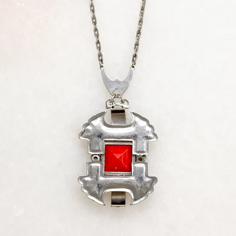 Czech Red Glass & Enamel Silver Tone Necklace