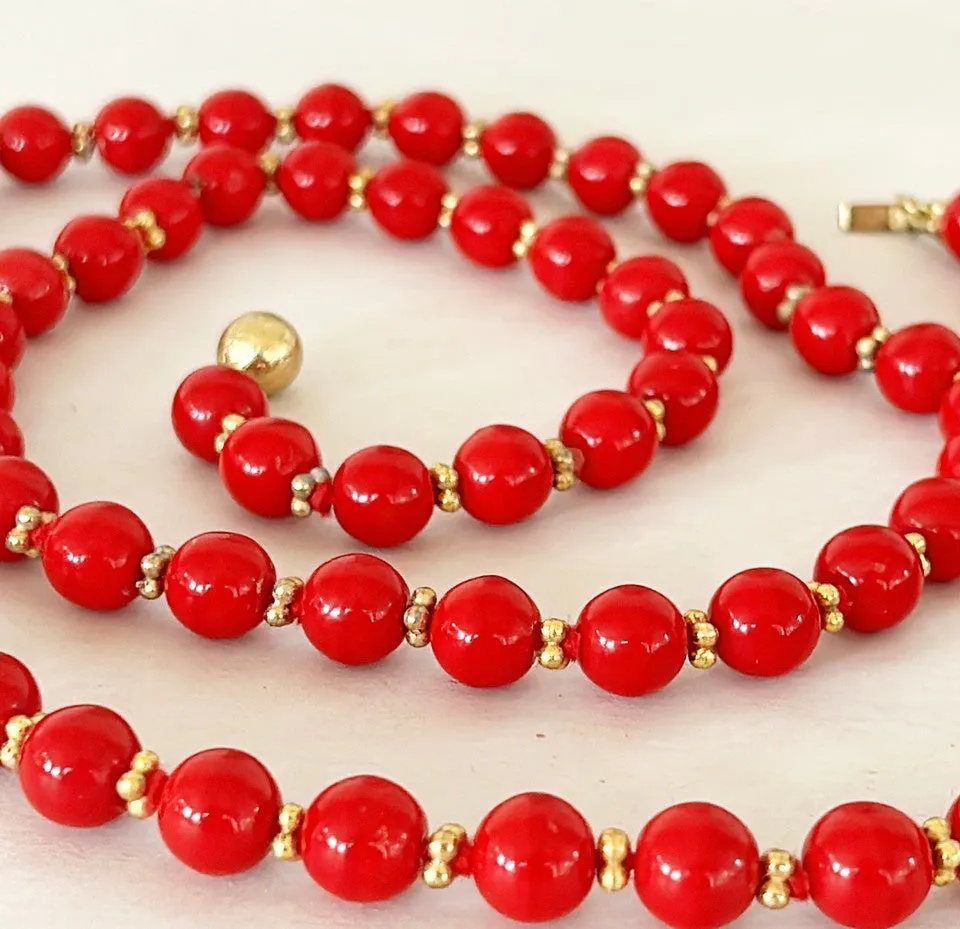 Deep rich red quality vintage beaded necklace