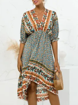 Deep V Neck High Low Printed Wholesale Dresses