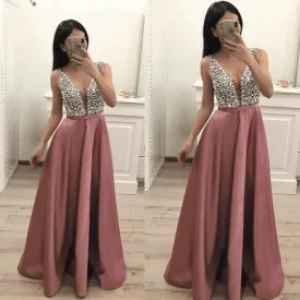 dusty pink beaded prom dresses long v neck sleeveless elegant cheap satin prom gown vestido Longo