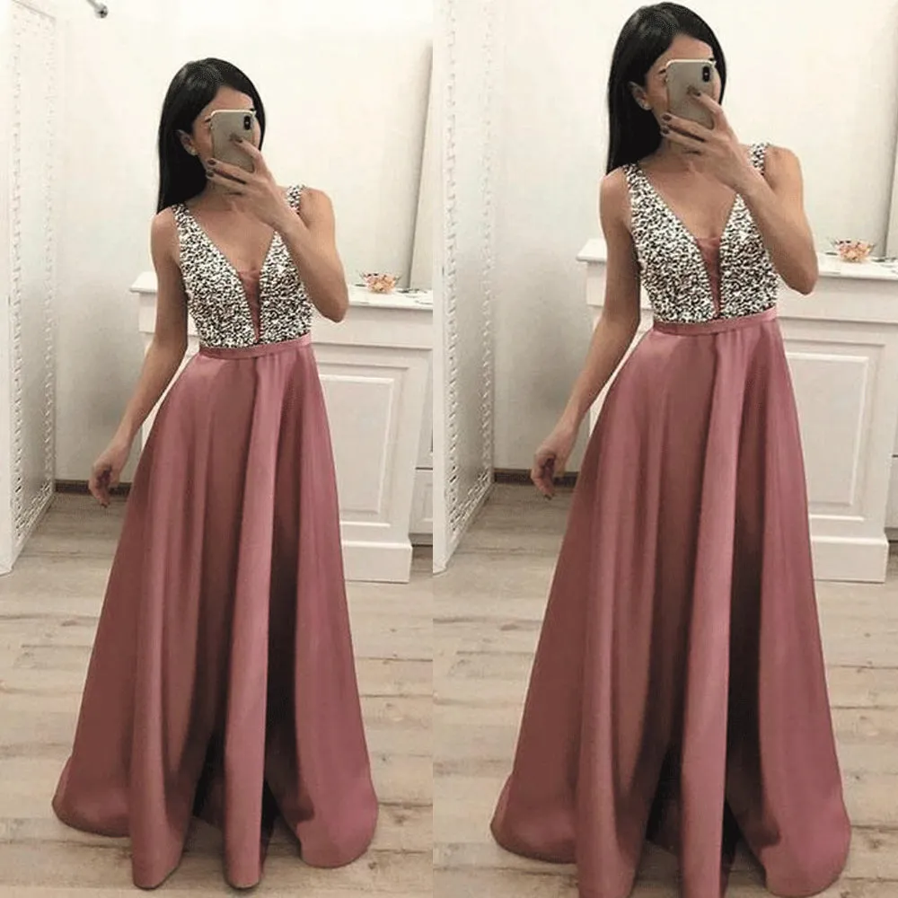 dusty pink beaded prom dresses long v neck sleeveless elegant cheap satin prom gown vestido Longo