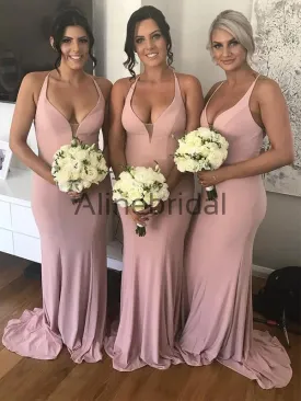 Dusty Pink Halter Mermaid Long Bridesmaid Dresses, AB4060