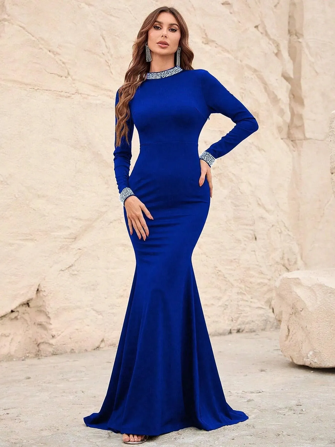 Elegant Mock Neck Backless Rhinestone Detail Mermaid Dress