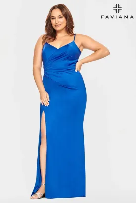 Faviana 9530 Long Dress With V Neck And Shirring Detail Waist | Royal Blue, Black, Red