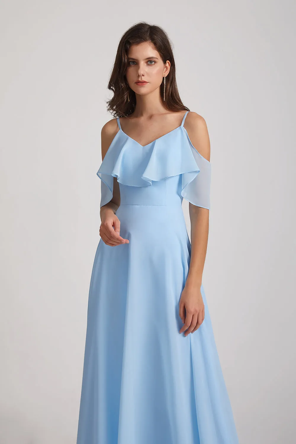 Flowy Chiffon Long Bohemian Cold Shoulder Bridesmaid Dresses (AF0075)