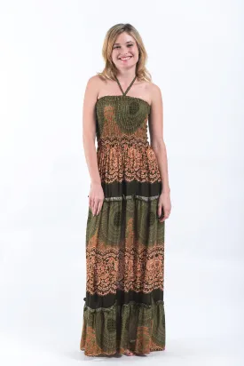 Geometric Mandalas Smocked Bandeau Maxi Dress in Olive