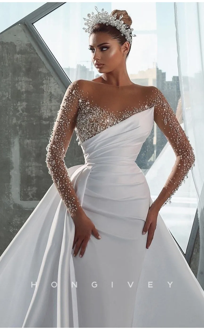 H0816 - Illusion Cutout Rhinestone Beaded Sparkly With Train Wedding Dress