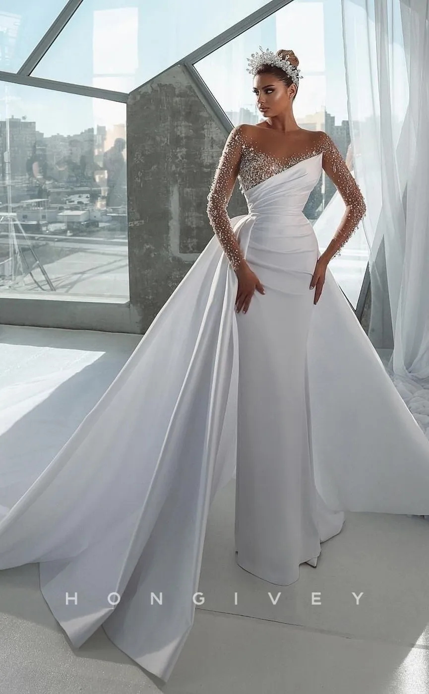 H0816 - Illusion Cutout Rhinestone Beaded Sparkly With Train Wedding Dress