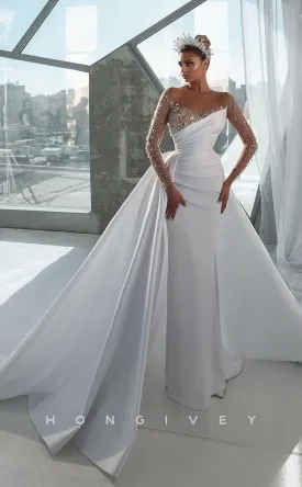 H0816 - Illusion Cutout Rhinestone Beaded Sparkly With Train Wedding Dress