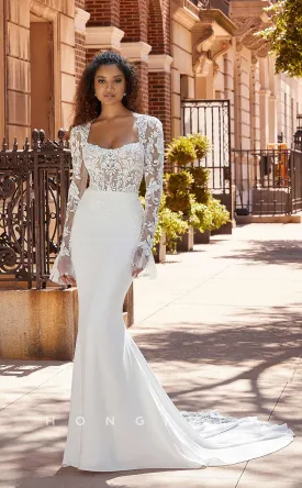 H0834 - Sheer Floral Embroidered Lace Strappy Bell Sleeved Mermaid With Tulle Train Pricess Wedding Dress