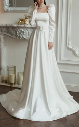 H1044 - Ornate Satin Square Long Sleeves Sashes With Train Wedding Dress