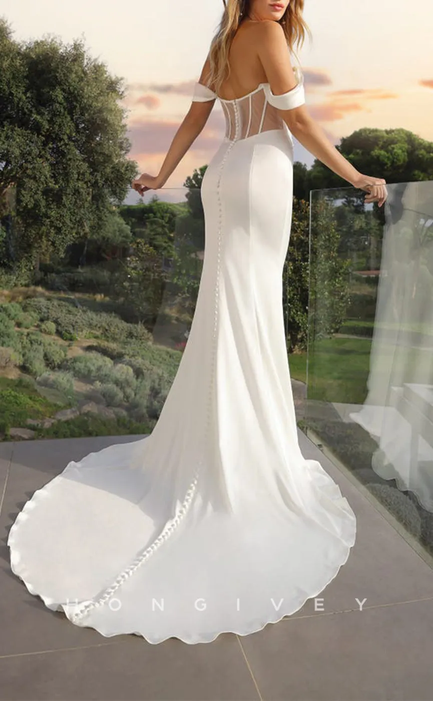 H1145 - Sexy Fitted Satin Off-Shoulder Ruched With Train Beach Wedding Dress