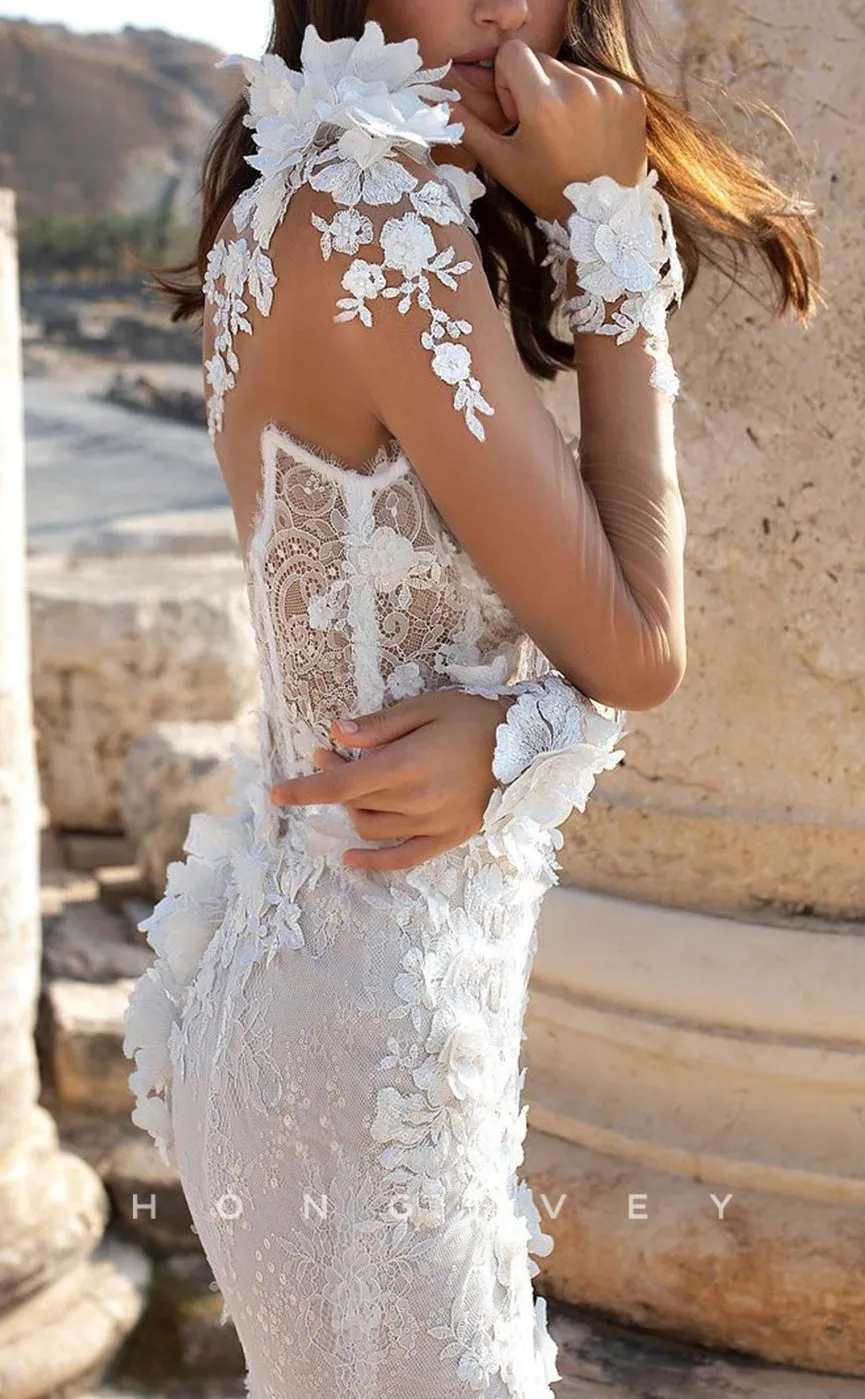 H1191 - Sexy Lace A-Line Illusion V-Neck Long Sleeves Empire Appliques With Side Slit Train Beach Wedding Dress