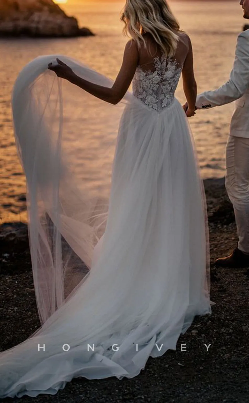 H1234 - Sexy Tulle A-Line Round Sleeveless Empire Beaded Appliques With Train Beach Wedding Dress