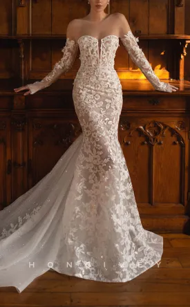 H1248 - Sexy Fitted Lace Scoop Long Sleeve Illusion Empire Appliques With Train Boho Wedding Dress